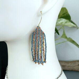 Artisan Blue and Gold Beaded Fringe Cascade Shoulder Duster Dangle Earrings 3.5"